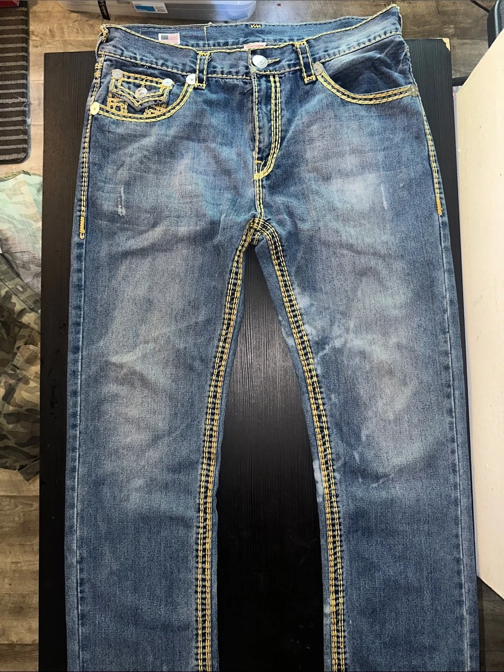True Religion Men's Blue Jeans with Yellow Contrast Stitching